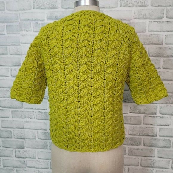 CHAUS S Avocado Green Chunky Knit Cardigan Sweater S/S Button Front Spring - Picture 4 of 8